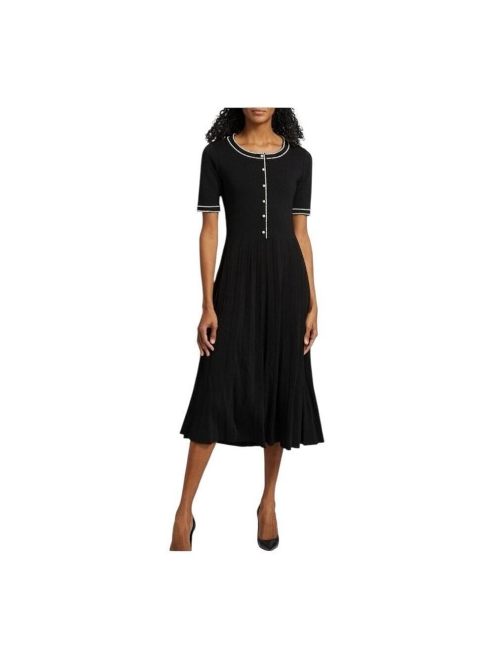Elie Tahari Leona Black Knit Sweater Dress with Pearl Embellishments. Size M